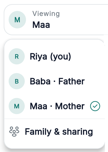 The Viewing switcher set to Maa, with a menu listing Riya (you), Baba · Father, Maa · Mother (selected) and Family & sharing