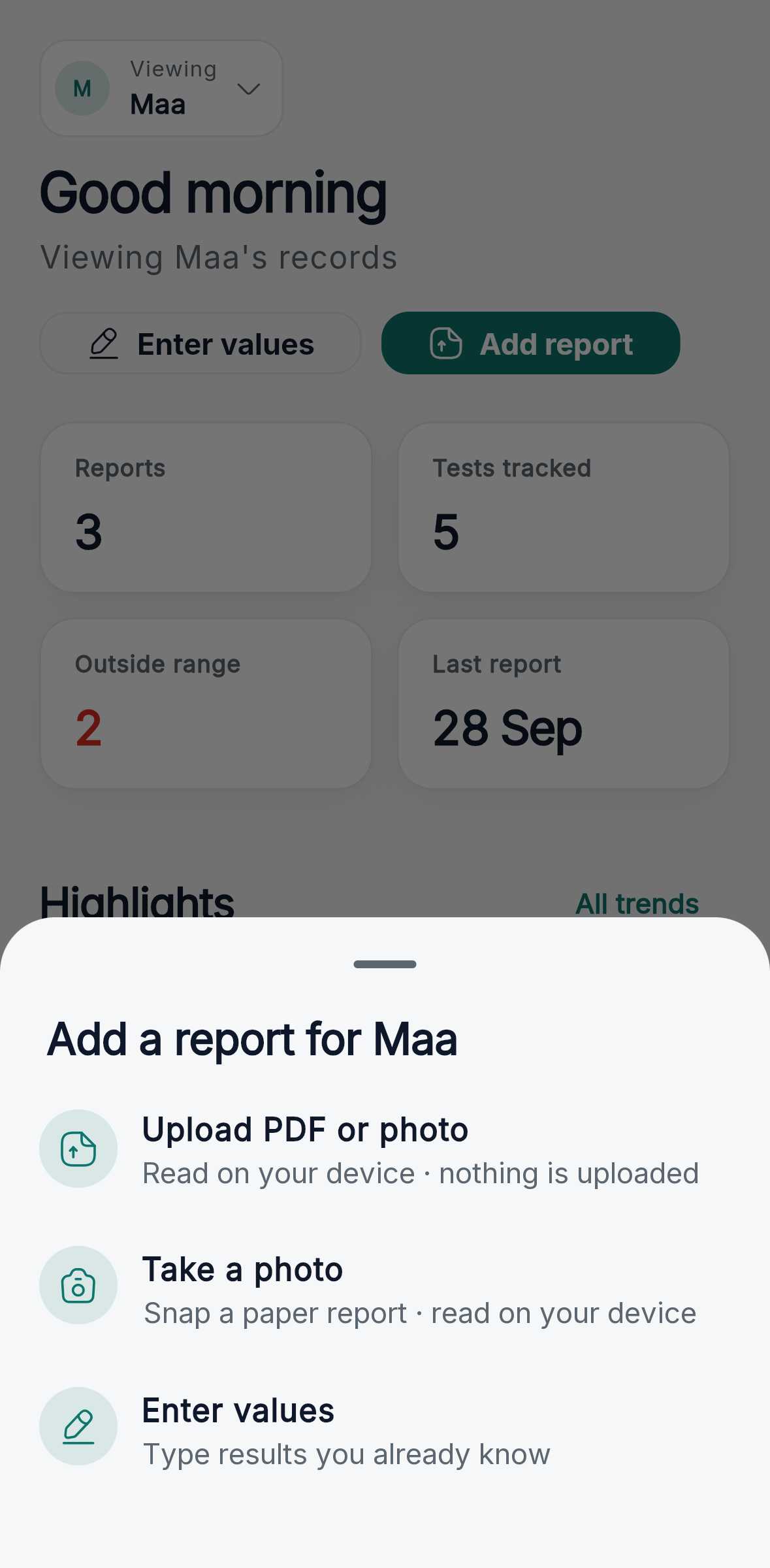 KinLab's add-report sheet: upload a PDF or photo, take a photo, or enter values